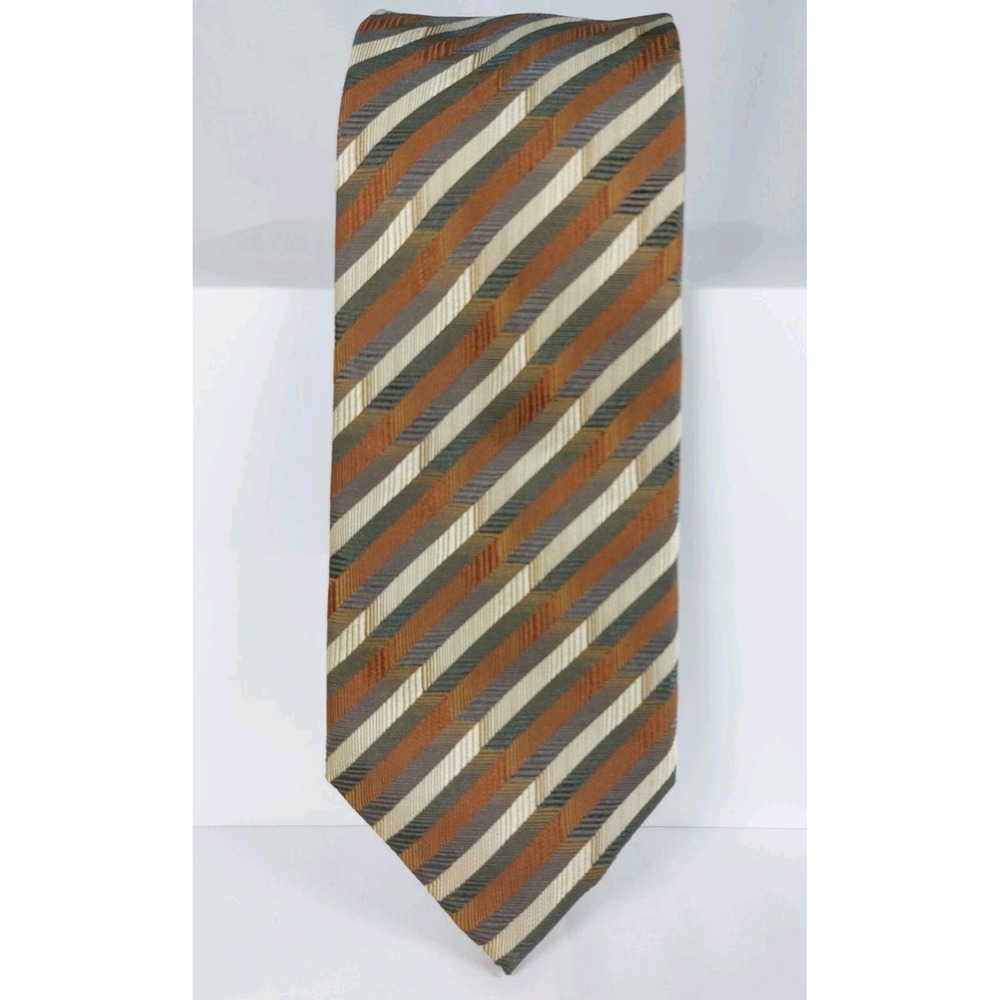 Peacock Mens Silk Tie Geometric Tan Green Rust Striped Handmade Necktie 3"x58"‎